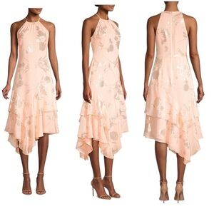 Parker Black Label Ida Asymmetrical Floral Foil Dress Pink Gold Size Small